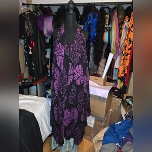 Purple and Black Leaf Print Halter Dress